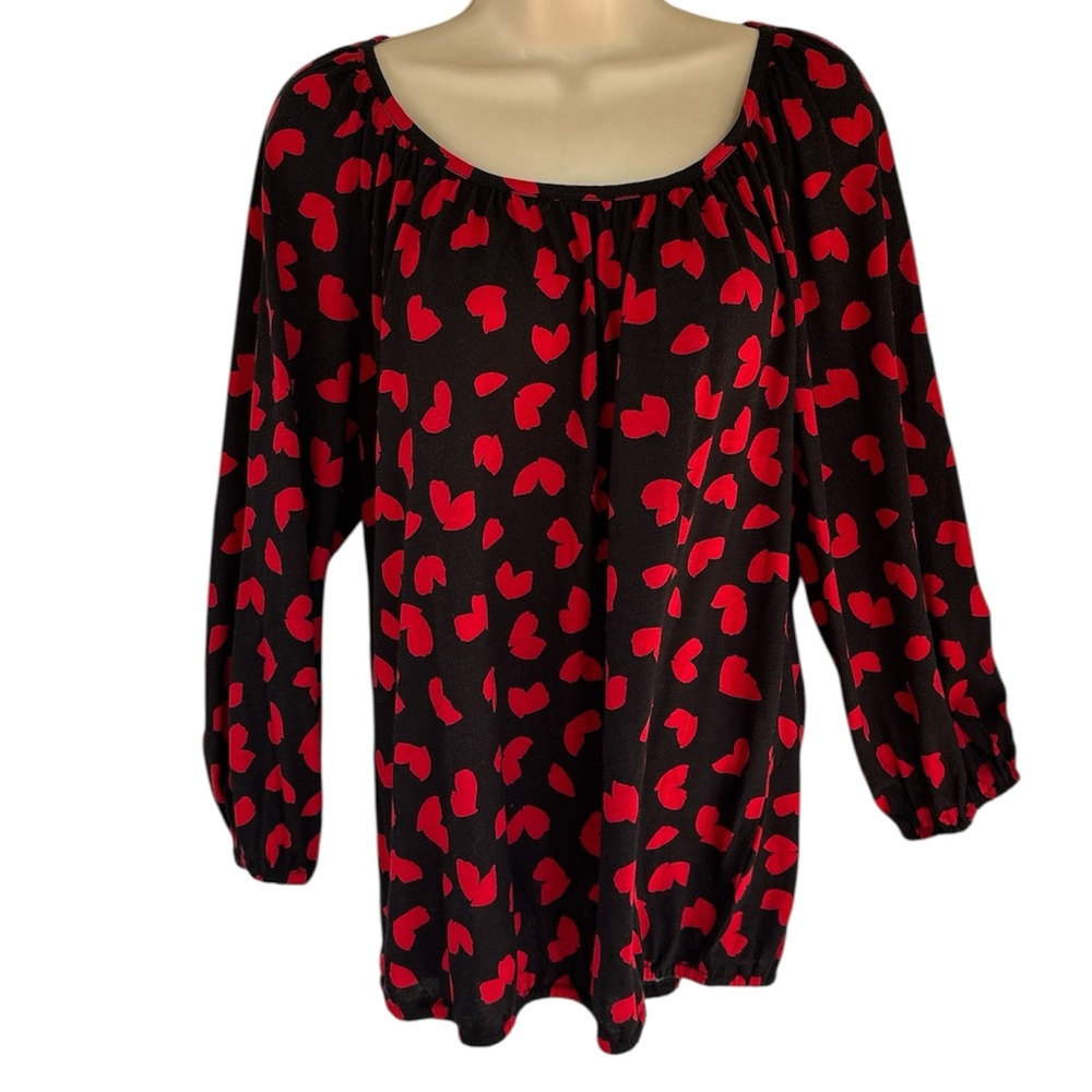 Michael Kors Women's Red Heart 3/4 Sleeve Scoop Neck Blouse Top Black/Red Size M
